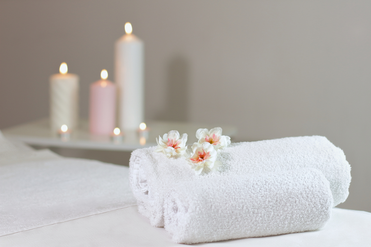 Spa Massage Table with Towels, Candles, Relaxation Room